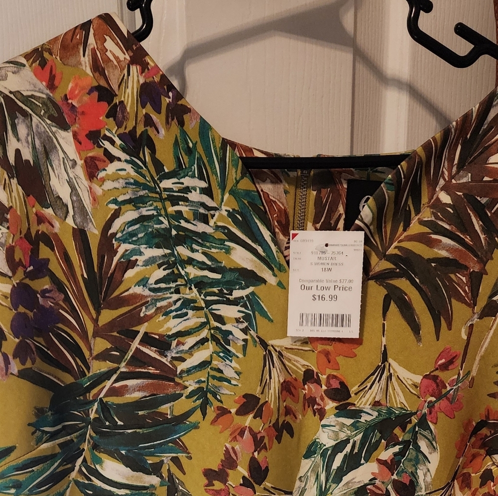 Tropical Leaf Print Dress - Mustard Green Nwt Sz 18w